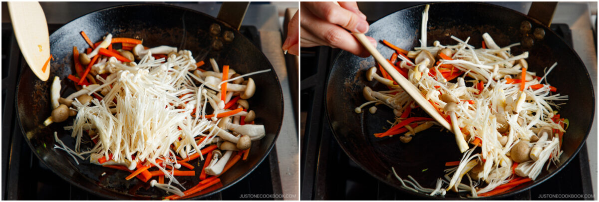 Two side-by-side photos show a frying pan on a stovetop with carrots, mushrooms, and enoki mushrooms being stir-fried. A hand stirs the vegetables with a wooden spatula in both images.