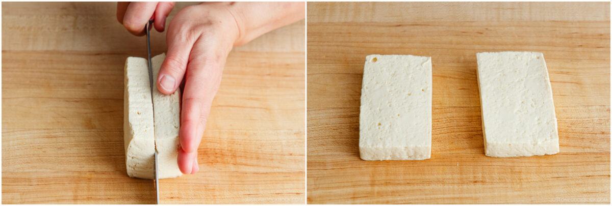 A hand slices a block of tofu on a wooden cutting board; next to it, two rectangular tofu slices are laid side by side on the same board.
