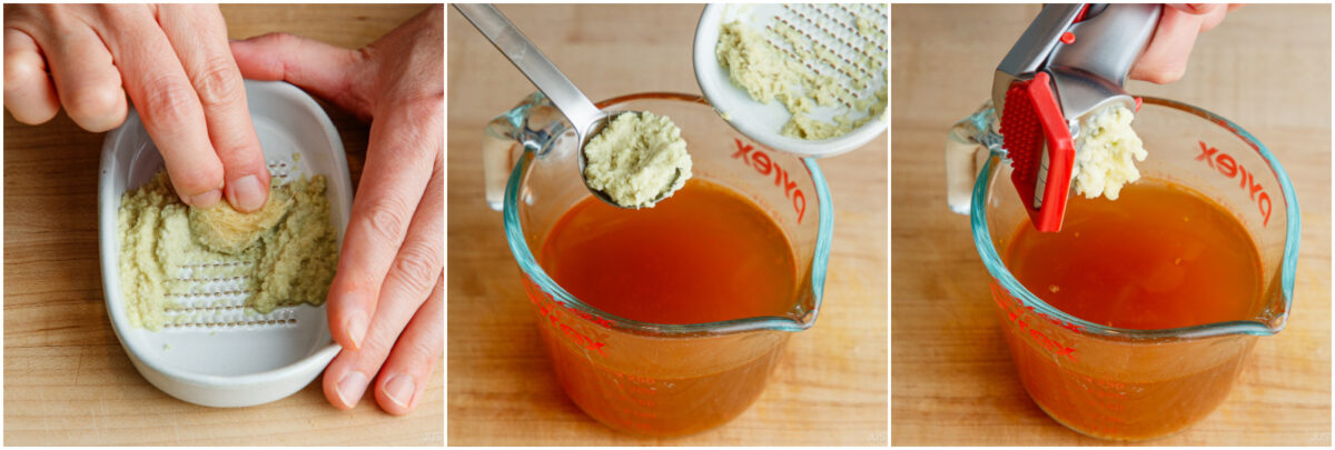 Three images: grating fresh ginger with fingers on a ceramic grater; holding grated ginger over a measuring cup of broth; pressing garlic into the same measuring cup using a garlic press.