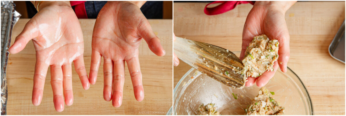 Two images: on the left, hands dusted with flour are held open; on the right, a hand shapes a mixture with herbs in a glass bowl using a wooden spoon, preparing to form patties or balls.
