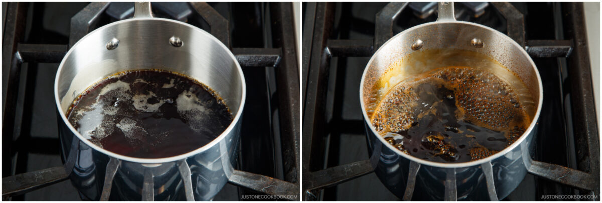 Side-by-side images of a saucepan on a stove with dark liquid inside, showing the sauce in the early and later stages of simmering and thickening.