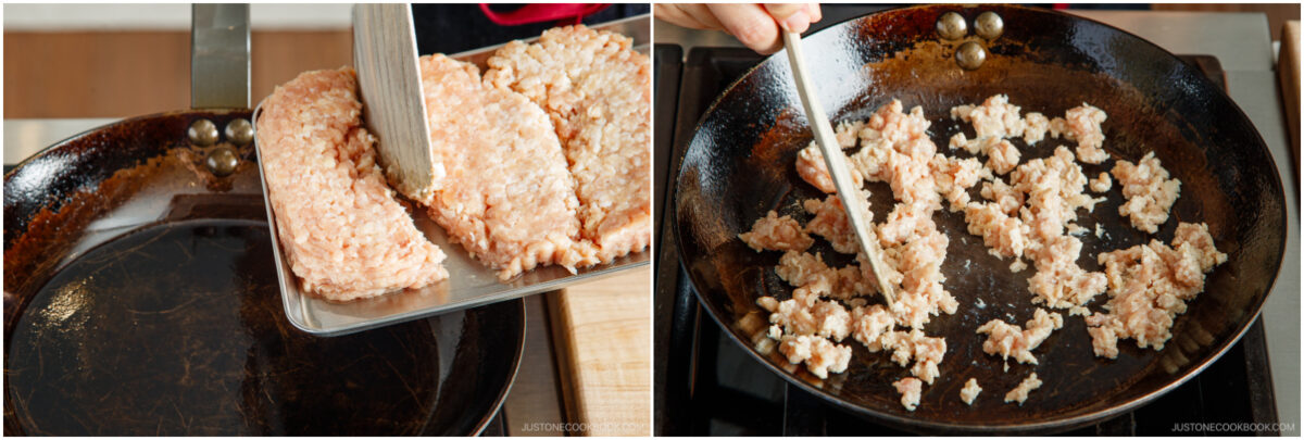 A split image shows ground meat being scraped into a hot pan on the left, and on the right, the meat is being broken up and browned as it cooks in the pan.