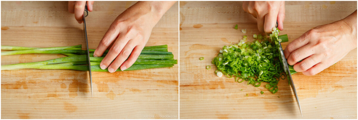 Two side-by-side images show hands slicing green onions on a wooden cutting board: on the left, green onions are being chopped into long strips, and on the right, they are being finely diced.