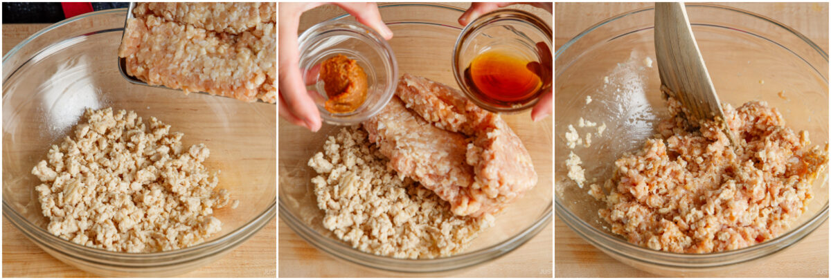 Three-step collage showing ground meat and seasonings being mixed in a glass bowl: first, crumbled meat is added, then seasonings are poured in, and finally, everything is stirred together with a spatula.