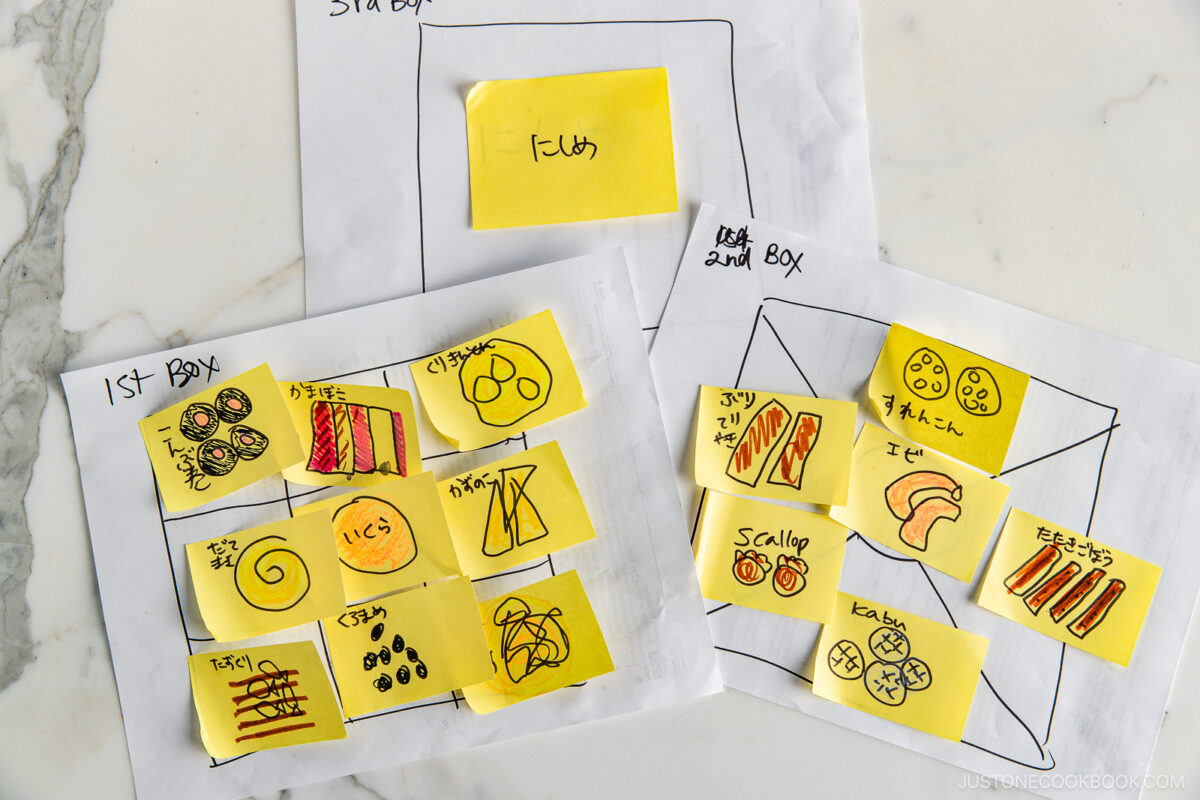 Three sheets of paper with hand-drawn boxes and colorful sticky notes, each featuring sketches of various foods and handwritten labels in Japanese, arranged on a white marble surface.