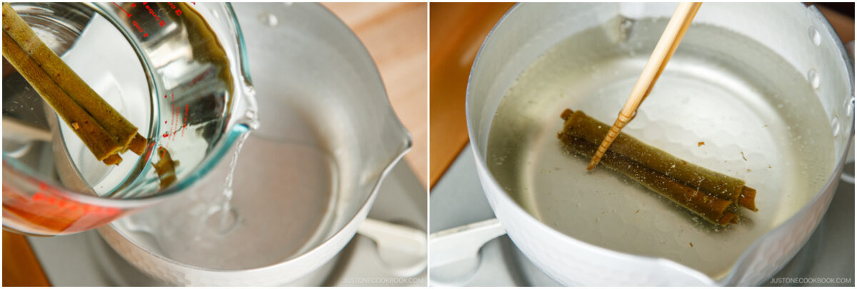 Two-panel image: On the left, water is being poured over kombu (dried seaweed) in a pot. On the right, kombu is soaking in the water as someone stirs with chopsticks.