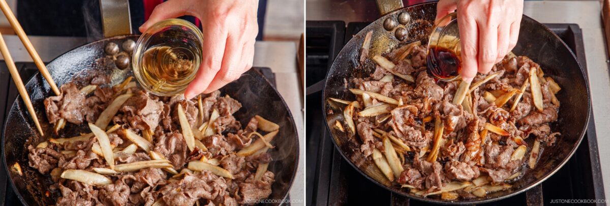 Two side-by-side photos show a hand cooking sliced beef and vegetables for Beef and Gobo Stir Fry in a pan, pouring liquid seasonings into the mixture with chopsticks visible on the left side.