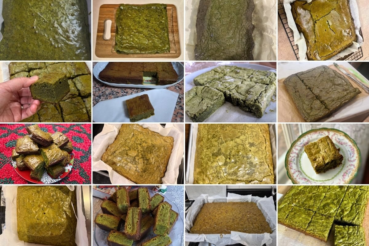 A collage of sixteen images shows various green cakes, mostly rectangular or square, some sliced or plated, with different textures and presentations on trays, plates, or in baking paper.