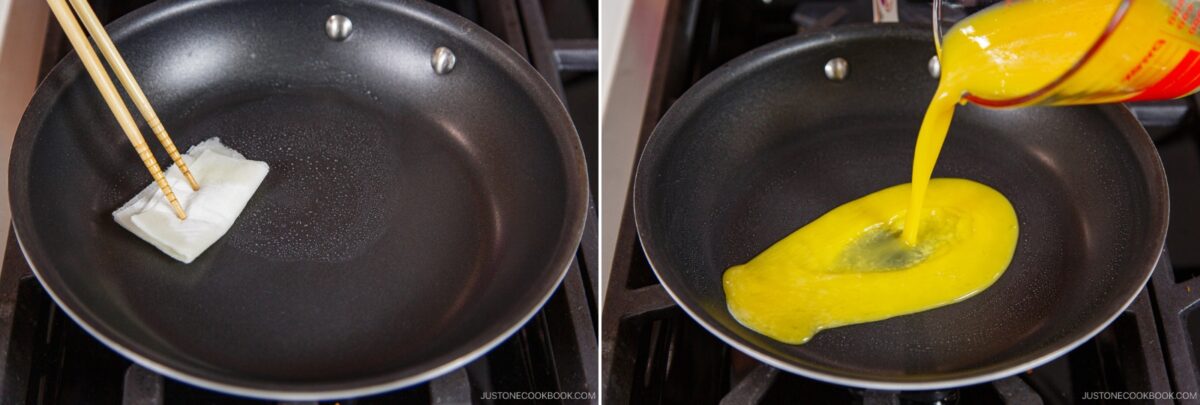 Side-by-side images: on the left, a hand uses chopsticks to rub an oil-soaked paper towel on a frying pan; on the right, beaten eggs for chirashi sushi are poured from a measuring cup into the same pan.
