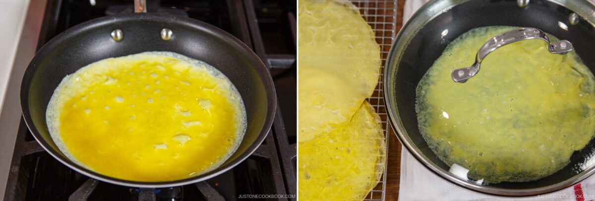 Two images side by side: On the left, beaten eggs cooking in a nonstick pan for chirashi sushi; on the right, a thin cooked egg sheet in a covered pan with more egg sheets cooling on a rack beside it.