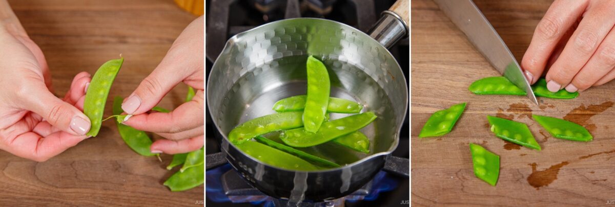 A three-panel image showing hands removing strings from snap peas for chirashi sushi, snap peas being boiled in a small pot, and a hand slicing the cooked snap peas on a wooden cutting board with a knife.