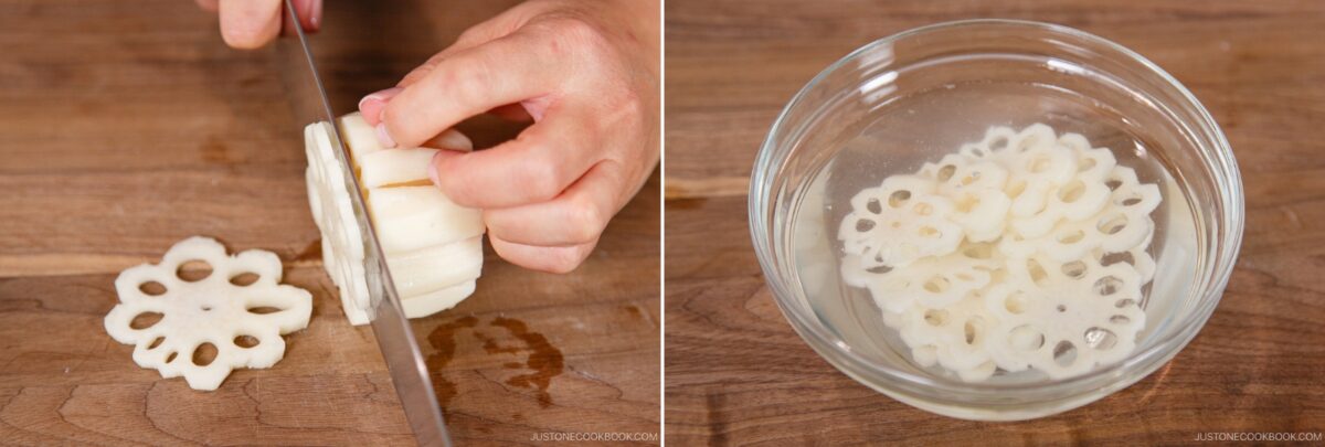 A hand slices lotus root on a cutting board in the left image; on the right, thin lotus root slices—perfect for chirashi sushi—are soaking in a bowl of water.