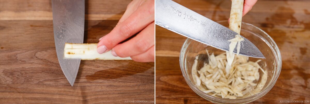 Close-up of a hand scraping burdock root with a knife, then slicing it thinly over a bowl of water—preparing fresh ingredients for chirashi sushi on a wooden surface.