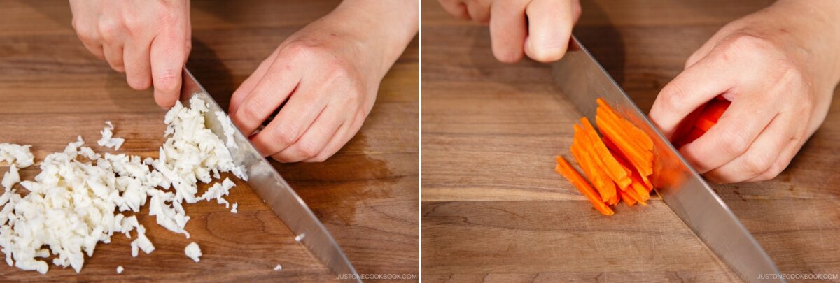 Side-by-side images show hands preparing ingredients for chirashi sushi: on the left, chopping white onions into small pieces; on the right, slicing orange carrots into thin sticks—both atop wooden cutting boards.