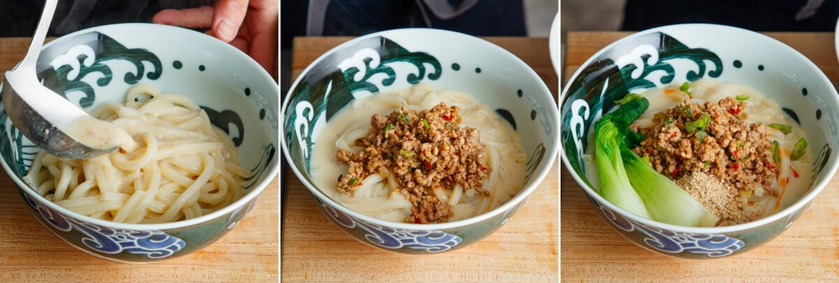 A three-panel image shows the steps of preparing tan tan udon: first, broth is poured over noodles; second, a ground meat mixture is added; third, bok choy, chopped green onions, and sesame seeds are placed on top.