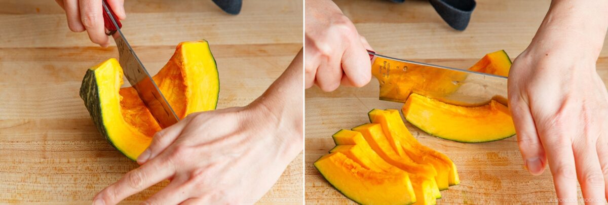 Two images side by side show hands slicing a kabocha squash with a knife on a wooden cutting board; perfect for Japanese hot pot meal prep, the left image has larger pieces while the right shows thinner slices being cut.