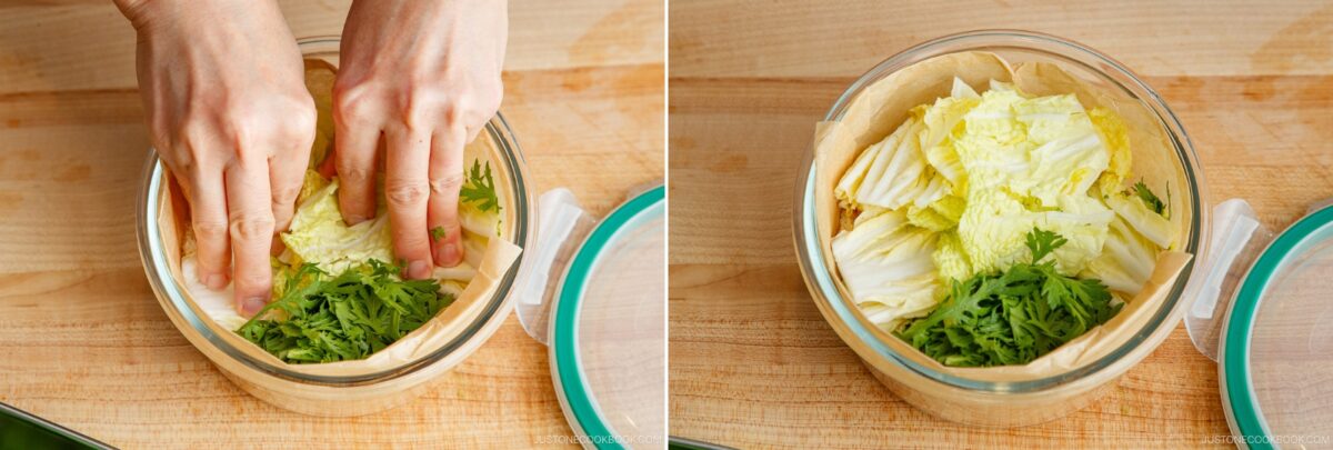 Two images: On the left, hands press down napa cabbage and green herbs in a glass container for Japanese hot pot meal prep. On the right, the same container shows the veggies neatly arranged inside, with the lid set nearby on a wooden surface.