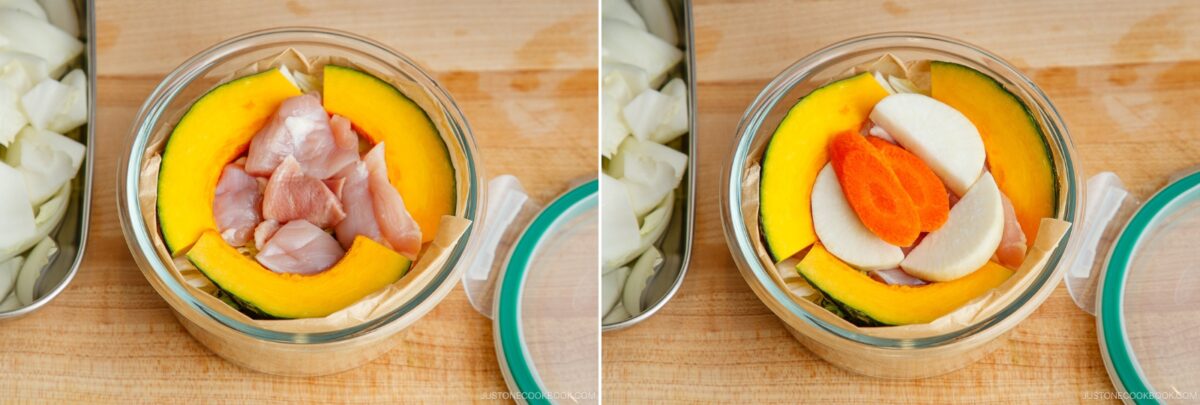Two glass jars filled with sliced pumpkin, chicken pieces, onion, and carrot for Japanese hot pot meal prep, arranged on a wooden surface—shown before and after adding onion and carrot on top.