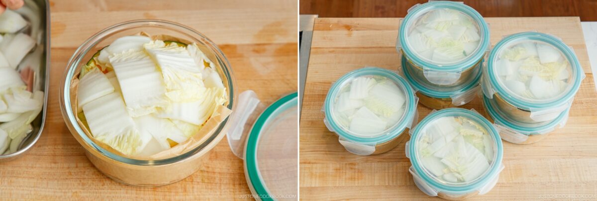 Two images side by side: the left shows chopped napa cabbage in a glass container; the right features four glass containers with chopped napa cabbage soaking in water on a wooden surface, perfect for Japanese hot pot meal prep.