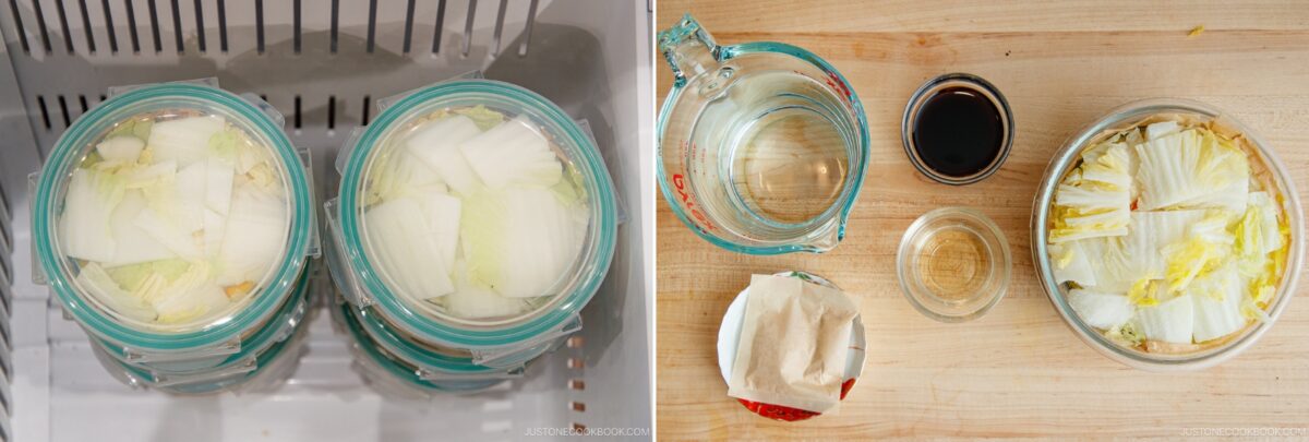 Two glass jars filled with cabbage and onions are in a fridge (left). On a wooden surface (right), ingredients for Japanese hot pot meal prep—napa cabbage, water, soy sauce, vinegar, and yeast—are arranged beside a bowl.