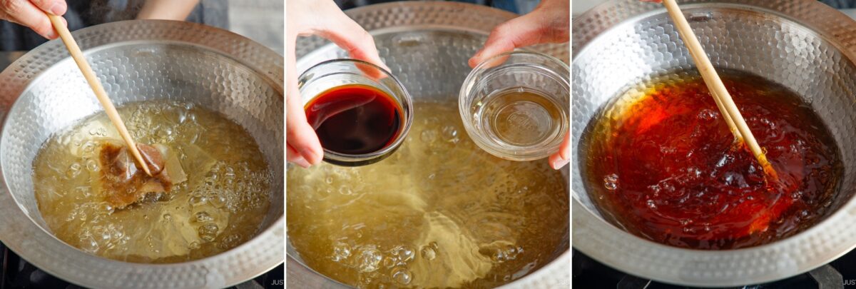 Three-panel image: First, a person stirs brown sugar in a saucepan with a wooden spoon for Japanese hot pot meal prep. Second, they add two liquids from small bowls. Third, the mixture turns deep red as it is stirred in the pan.