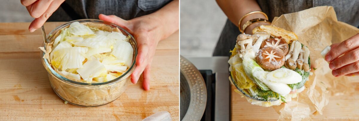 A person prepares vegetables for a Japanese hot pot meal prep in two steps: left, arranging leafy greens in a glass bowl; right, holding a mix of mushrooms, green onions, and other vegetables wrapped in parchment paper.