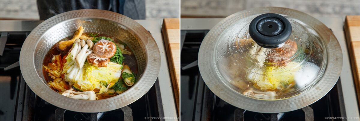A metal pot filled with assorted vegetables and mushrooms sits on a stove; in the next image, the pot—part of a Japanese hot pot meal prep—is covered with a glass lid, and steam has begun to fog up the lid as the food cooks.