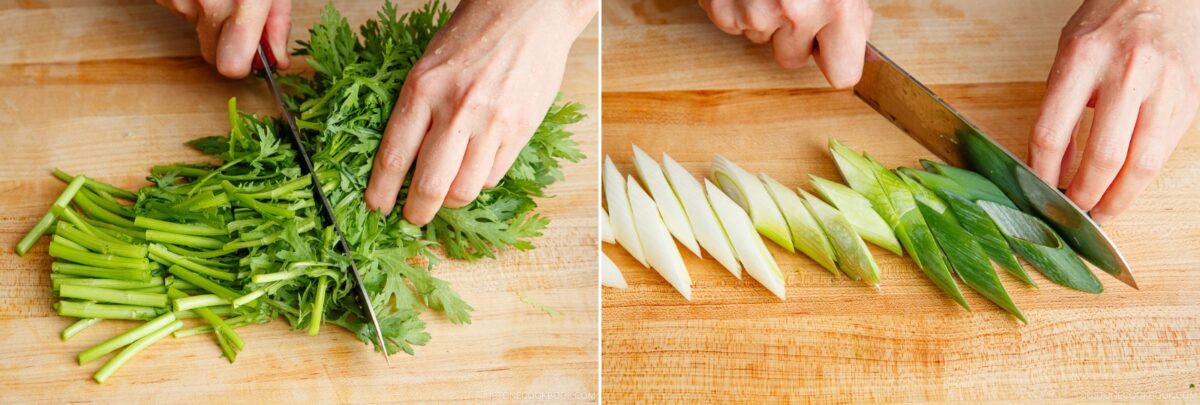 Two side-by-side images show hands chopping green leafy vegetables on the left and slicing green onions at an angle on the right, both on a wooden cutting board—perfect steps for Japanese hot pot meal prep.