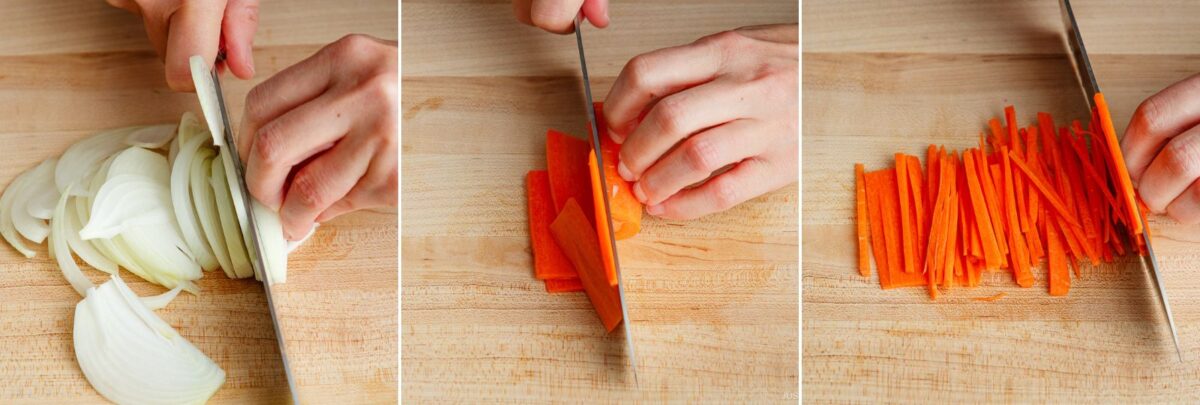 Three side-by-side images showing hands slicing an onion, cutting a carrot into thin strips, and prepping veggies for miso salmon in foil on a wooden cutting board.