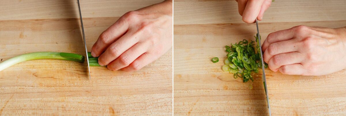 Two photos of hands slicing a green onion on a wooden cutting board—a perfect topping for dishes like miso salmon in foil. The left image shows the initial cut, and the right features finely chopped green onion pieces.
