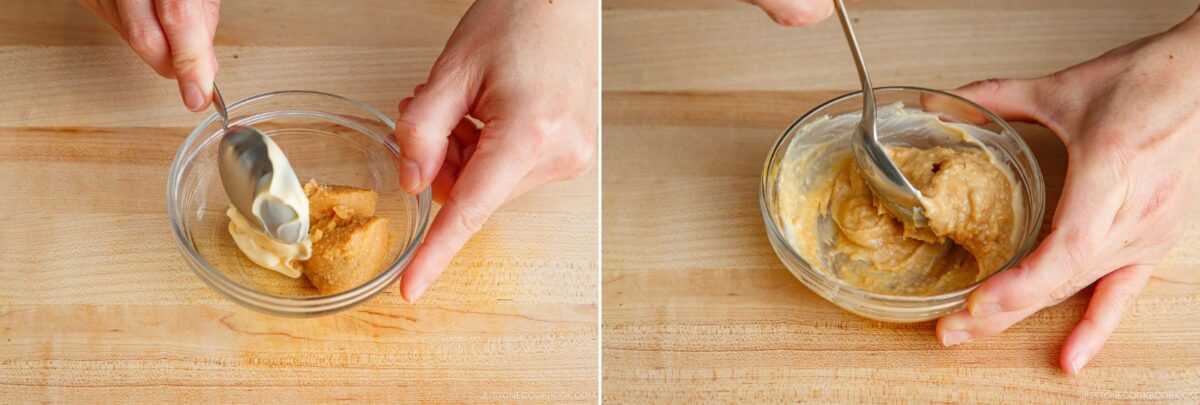 Two hands use a spoon to mix a light-colored paste, perfect for miso salmon in foil, in a small glass bowl on a wooden surface. The left image shows separate ingredients; the right image shows them blended together.