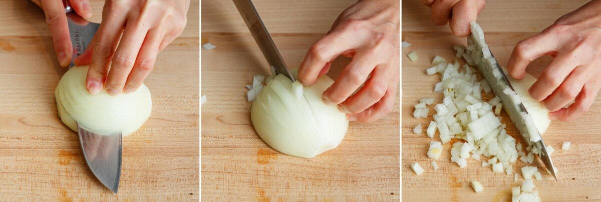 Three side-by-side images show hands preparing onions for Yaki Keema Curry: first slicing in half, then making vertical cuts, and finally dicing into small pieces on a wooden cutting board.
