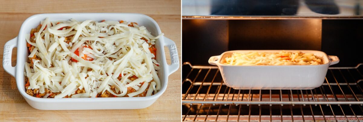 A white baking dish filled with Yaki Keema Curry casserole topped with shredded cheese sits on a counter (left) and is then placed in an oven for baking (right).