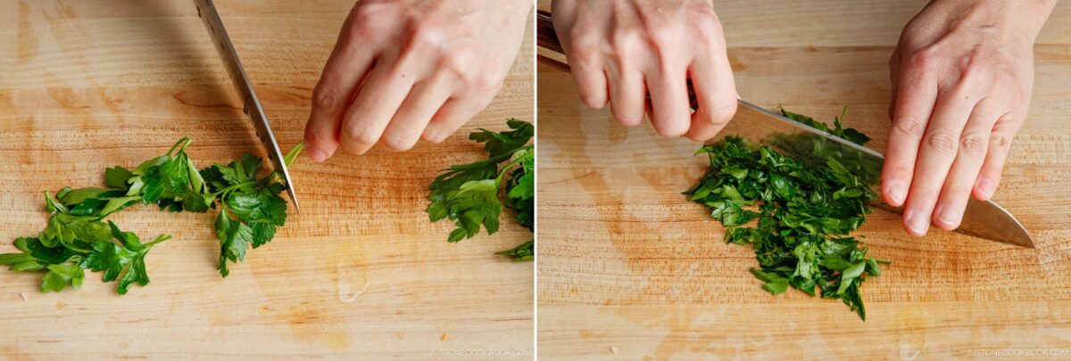 Two images side by side show hands chopping fresh parsley on a wooden cutting board with a large kitchen knife—perfect preparation for garnishing Yaki Keema Curry. The left image shows the parsley being held, the right shows it being finely chopped.