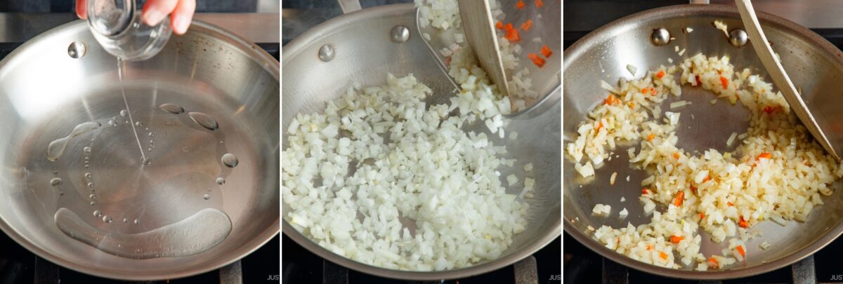 A three-panel image shows oil being poured into a skillet, chopped onions being added, and then the onions sautéing with small pieces of red and orange pepper—a flavorful start to Yaki Keema Curry.