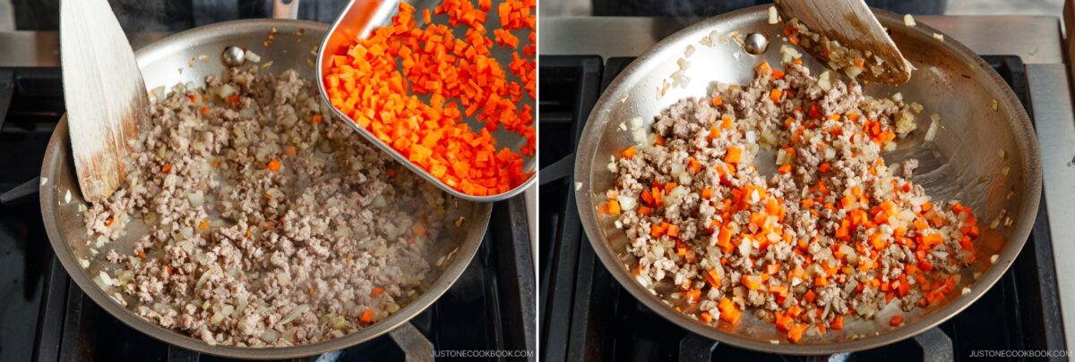 Two side-by-side photos: On the left, diced carrots are added to a skillet of cooked ground meat and onions for Yaki Keema Curry. On the right, the mixture is stirred, blending carrots with savory meat and onions.
