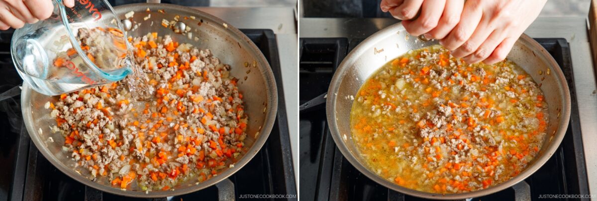 Two images show minced meat, diced carrots, and onions cooking in a skillet for Yaki Keema Curry. In the first, water is poured in; in the second, hands sprinkle seasonings or herbs into the simmering mixture.