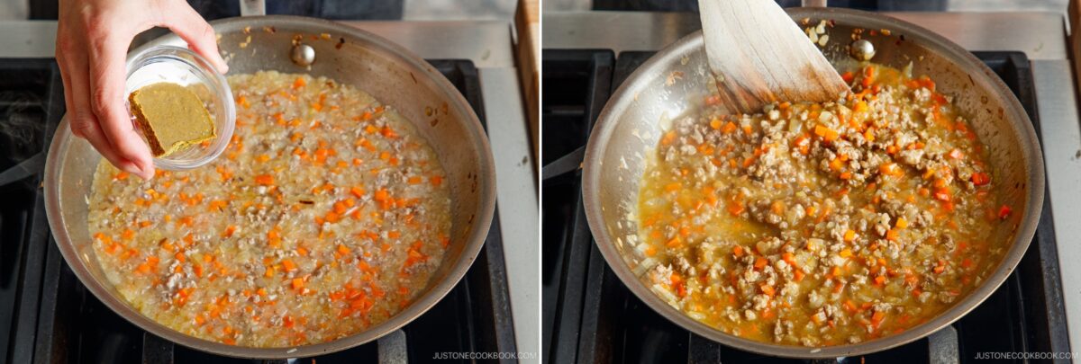 Two side-by-side images: On the left, a hand adds spice mixture to a pan of sautéed onions and carrots; on the right, a wooden spatula stirs browned ground meat and veggies for Yaki Keema Curry in the same pan.