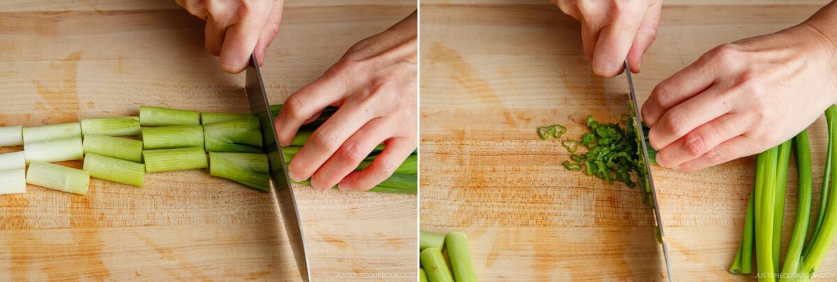 Side-by-side images showing hands prepping green onions for yakitori don on a wooden cutting board: the left displays slicing the white and green stalks, while the right highlights finely chopping the green tops.