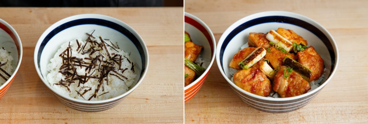 Two bowls on a wooden surface: the left has white rice with shredded seaweed, while the right features yakitori don—rice topped with glazed chicken and green onions.