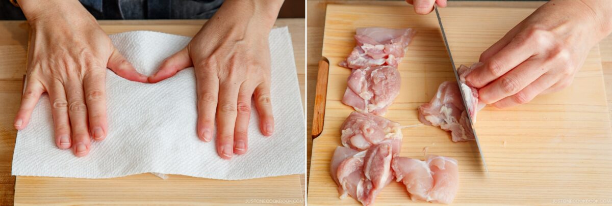 Two images side by side: on the left, hands pat chicken pieces dry with a paper towel; on the right, hands slice raw chicken thighs on a wooden cutting board—essential prep steps for making yakitori don.