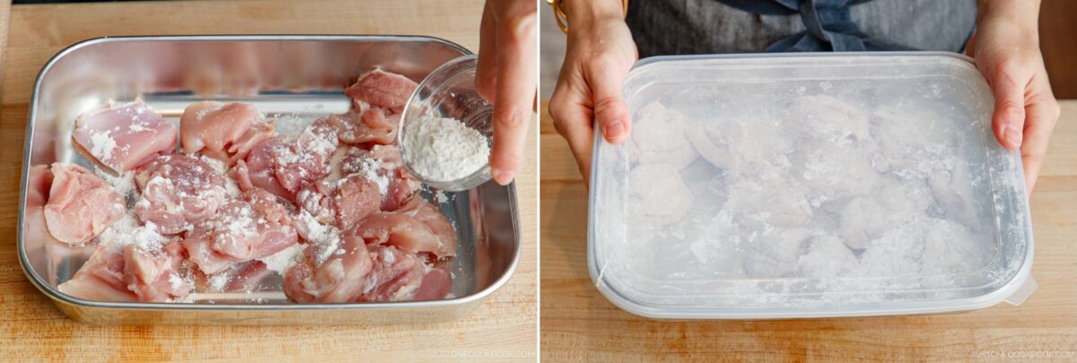 Raw chicken pieces in a metal tray are sprinkled with flour on the left; on the right, the tray—ideal for prepping dishes like yakitori don—is covered with a frosted plastic lid and held by two hands.