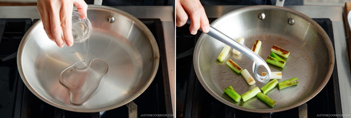 A person pours oil into a stainless steel pan on the left; on the right, they sauté chopped green onions in the pan using metal tongs, preparing ingredients for yakitori don.