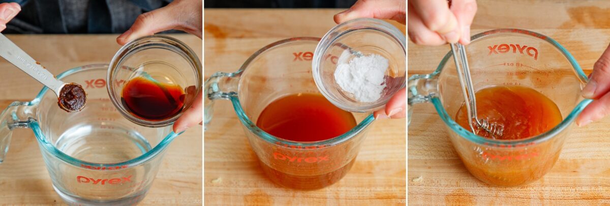 Three-panel image: First, chili paste and soy sauce are added to water in a glass measuring cup. Next, a small bowl of cornstarch is poured in. Third, the mixture is whisked until smooth for a bok choy and tofu stir-fry sauce.