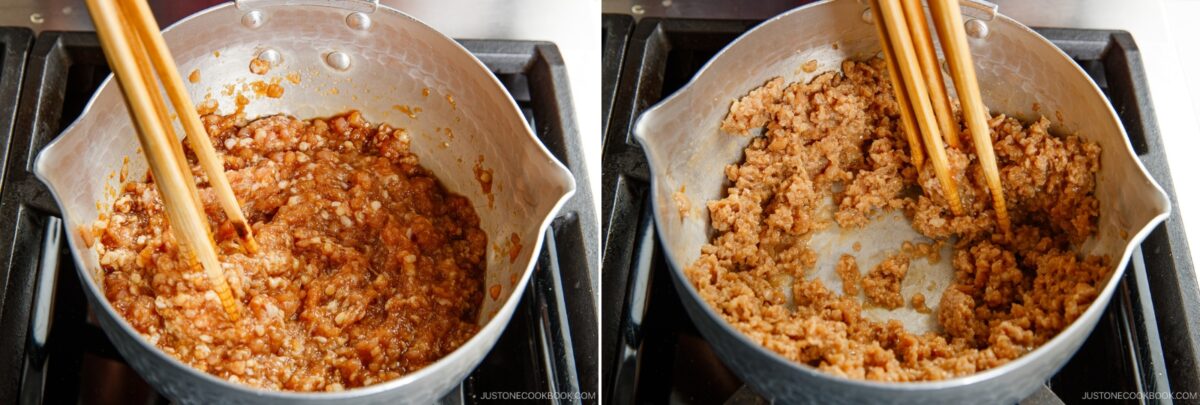 Two images side by side show a metal pot on a stove with a wooden spatula stirring soboro don (ground chicken bowl) mixture. The left image displays a saucier, wetter mix; the right shows a drier, more cooked version.