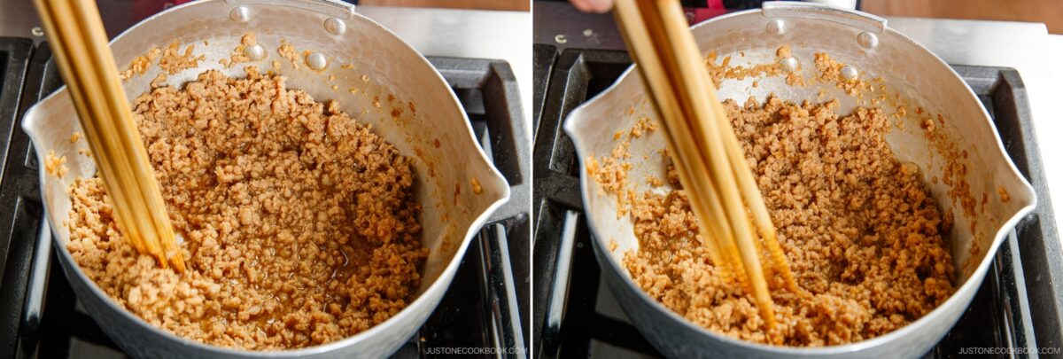 Two side-by-side images show ground meat being stirred in a pot with wooden chopsticks on a stovetop—ideal for making soboro don (ground chicken bowl). The cooked meat is evenly browned and crumbly.