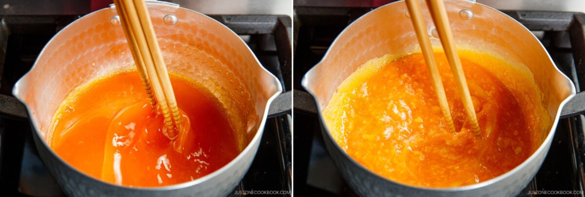 Side-by-side images of a saucepan on a stove, showing the bright orange mixture for soboro don being stirred with chopsticks. The left side appears smoother, while the right side looks thicker and more textured.