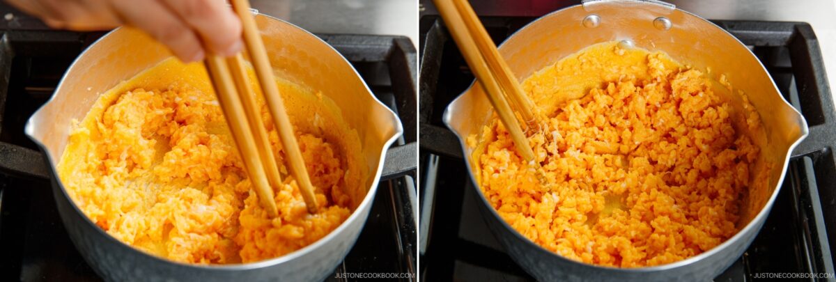 Side-by-side images show scrambled eggs being stirred in a saucepan with chopsticks, perfect for topping soboro don (ground chicken bowl). The eggs appear soft and creamy in the left image and more set and cooked on the right.