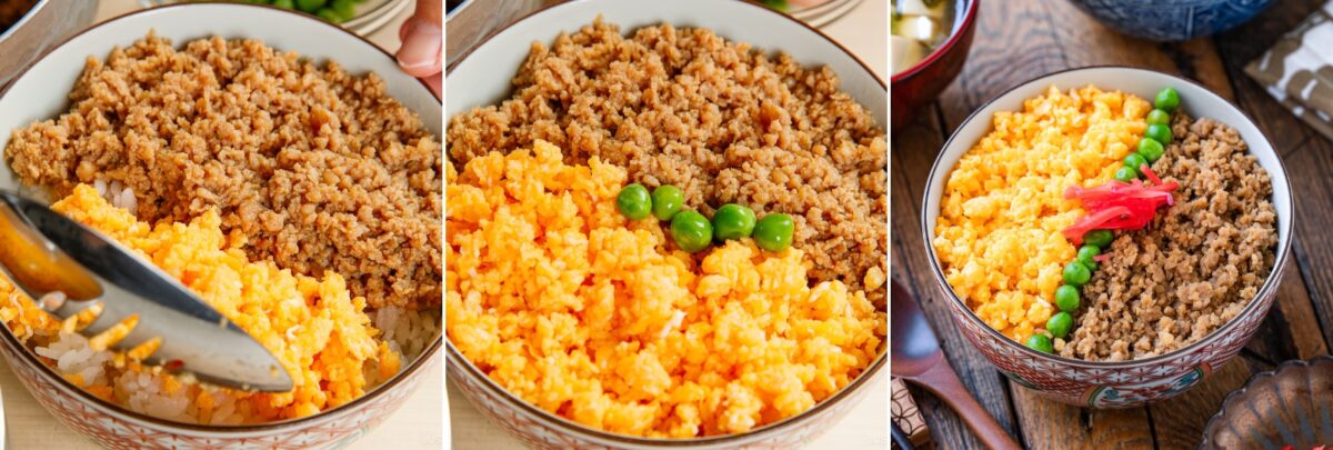 Three side-by-side images show a soboro don (ground chicken bowl) being assembled with rice, scrambled eggs, and ground meat, then topped with green peas and red pickled ginger. The bowl sits on a wooden surface with other dishes nearby.