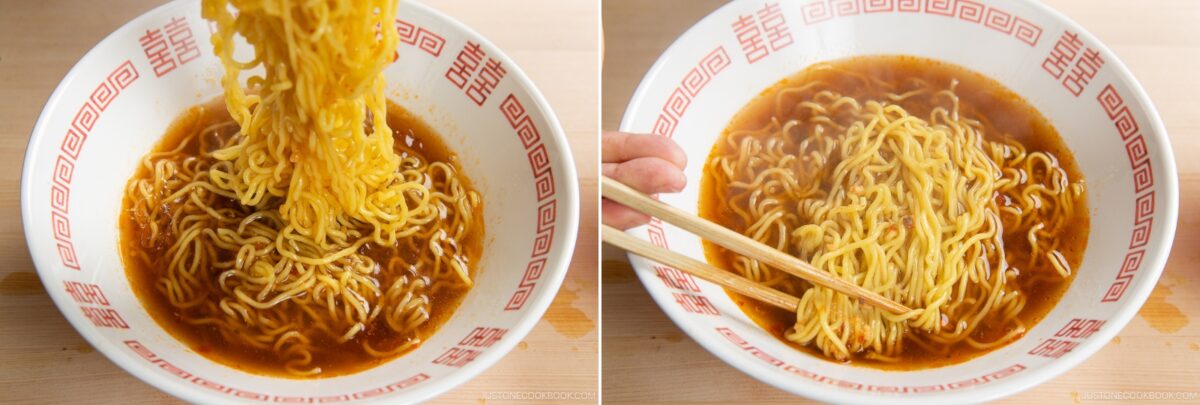 Split image showing spicy shoyu ramen noodles in a bowl of broth; on the left, noodles are being lifted with chopsticks, and on the right, an unseen hand uses chopsticks to stir the noodles in the bowl.